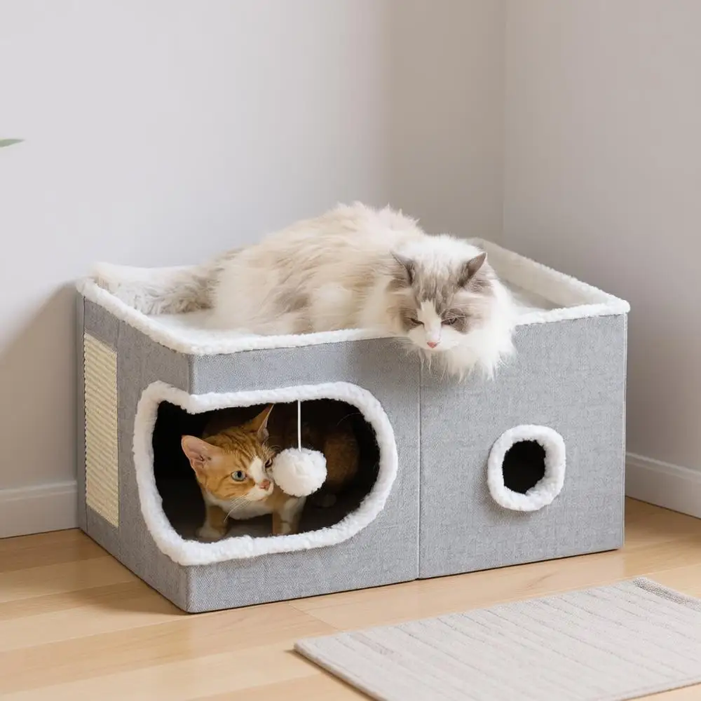 

Кубик-домик для кошек, закрытая лежанка-пещера и мебель для кошек с лежаком-креслом для когтетрости и тентом-укрытием, милый кошачий домик для нескольких мелких животных