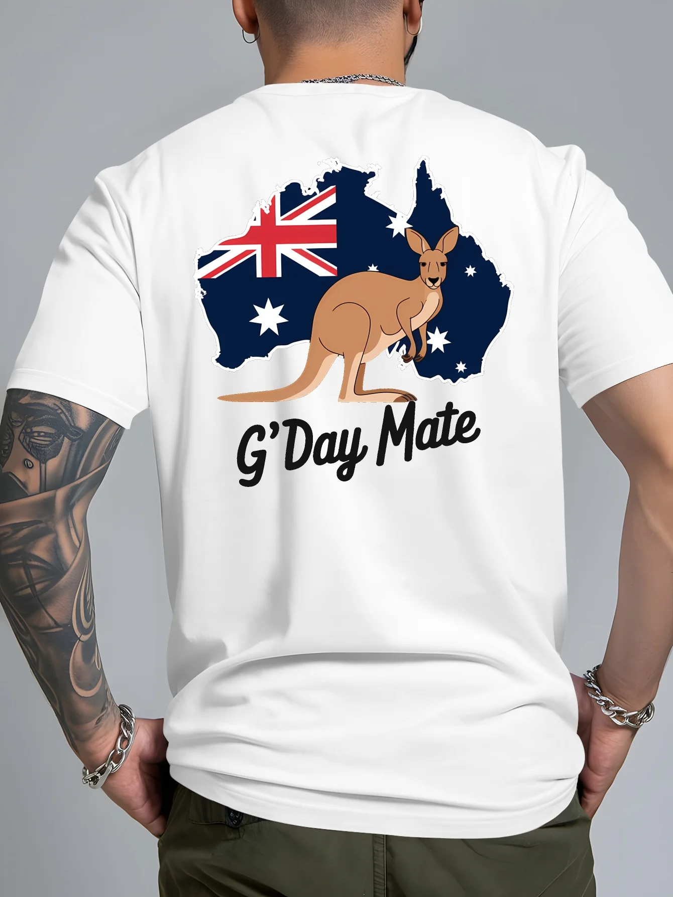 Gday Mate Kangaroo Australian Flag Graphic Print Men's Cotton T-Shirt Casual Round Neck Tee