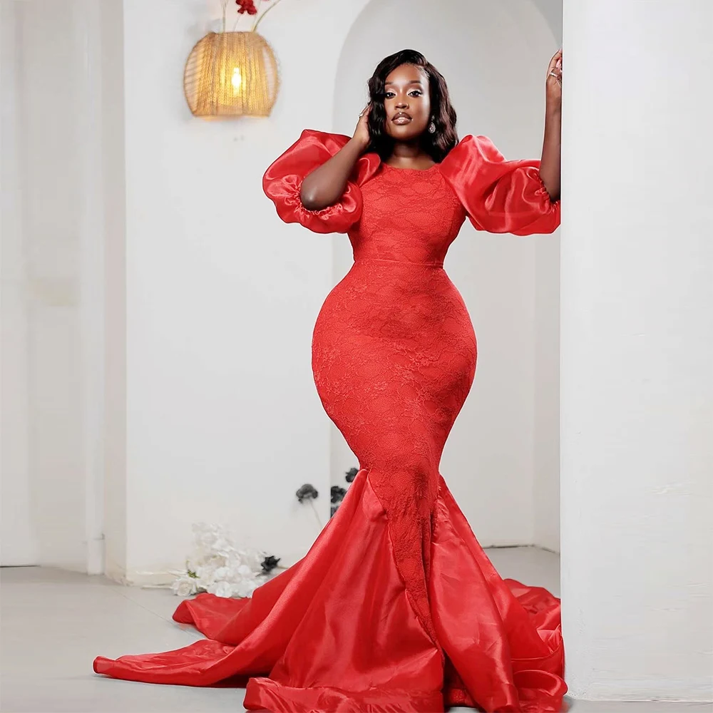 

Aso Ebi Красное кружевное платье для выпускного вечера с пышными длинными рукавами Русалка со шлейфом Вечерние платья на молнии сзади Африканское женское вечернее платье