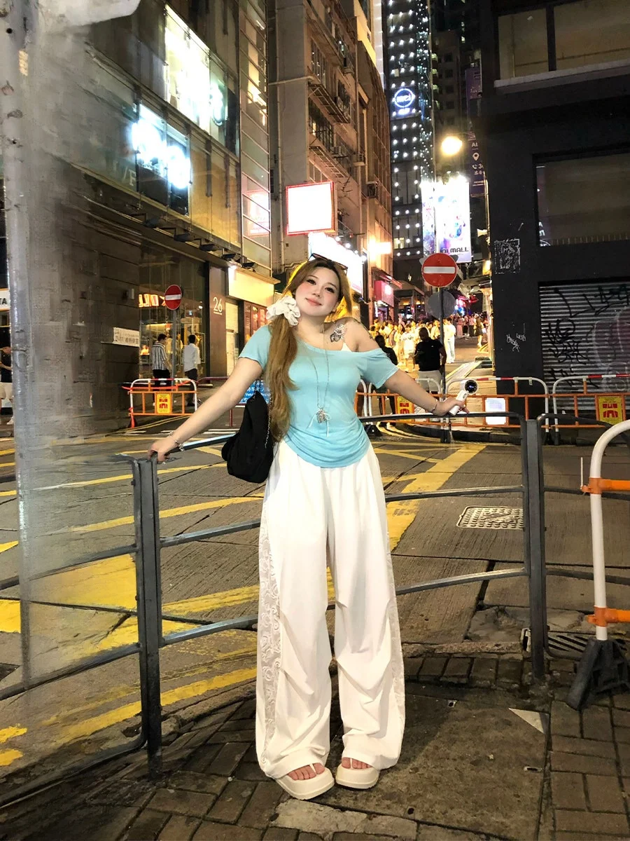 

Annie Casual Lace Side Elastic Waist Paratrooper Pants Women's plus Size Loose Fit Straight Leg Pants Breathable Comfortable