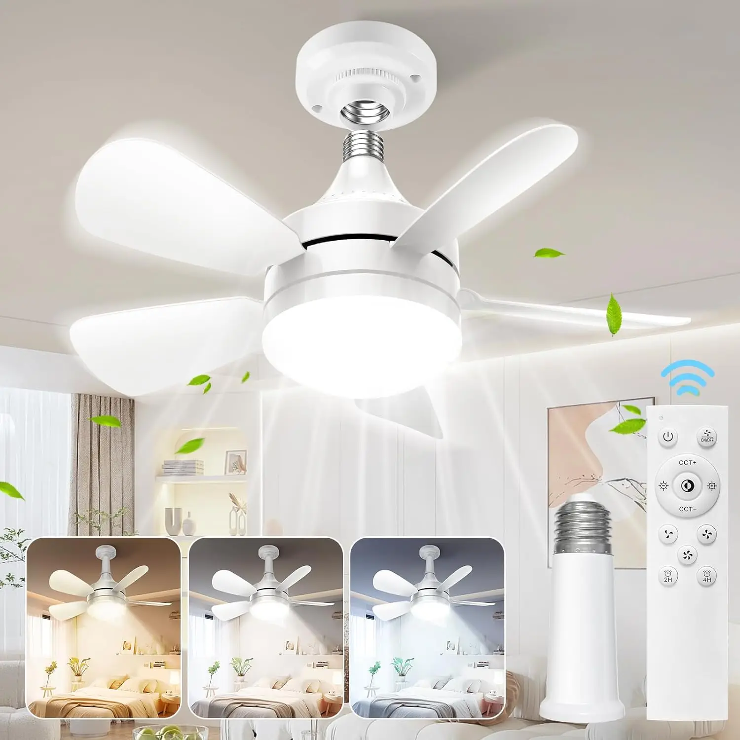 

Socket Ceiling Fans with Lights and Remote - Socket Fan light with Dimmable Led Light Bulb, 3 Colors 3000K-6500K, 2000 Lumens, S