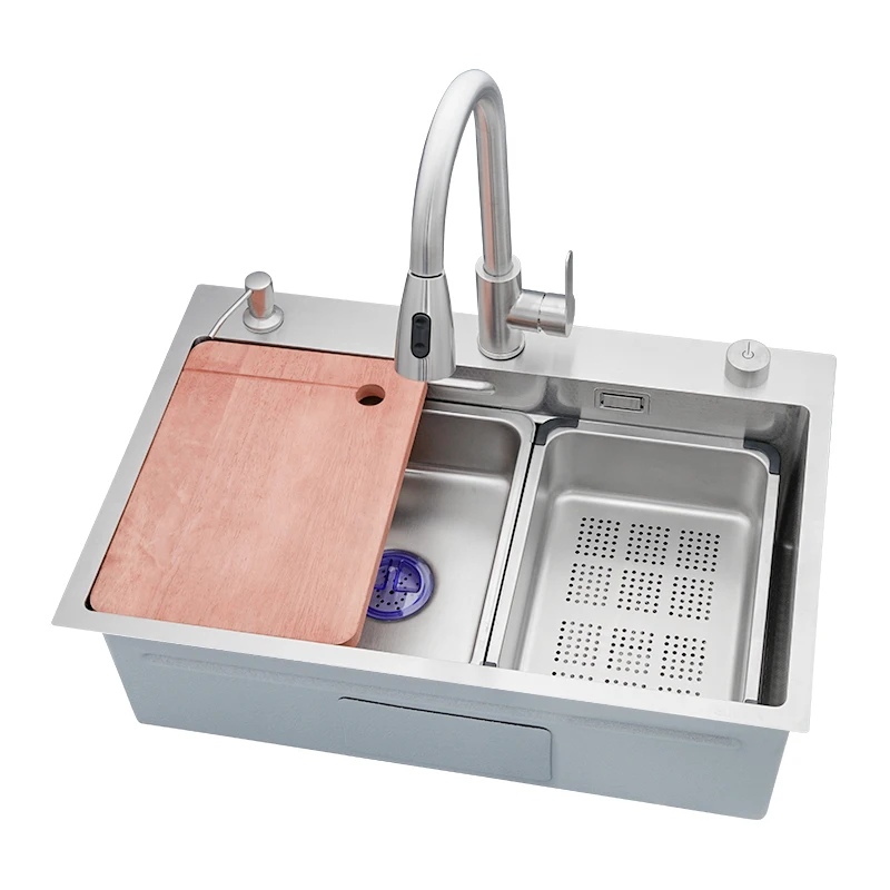 Thickened brushed handmade SUS304 stainless steel sink with large single slot, lower platform, medium basin, kitchen