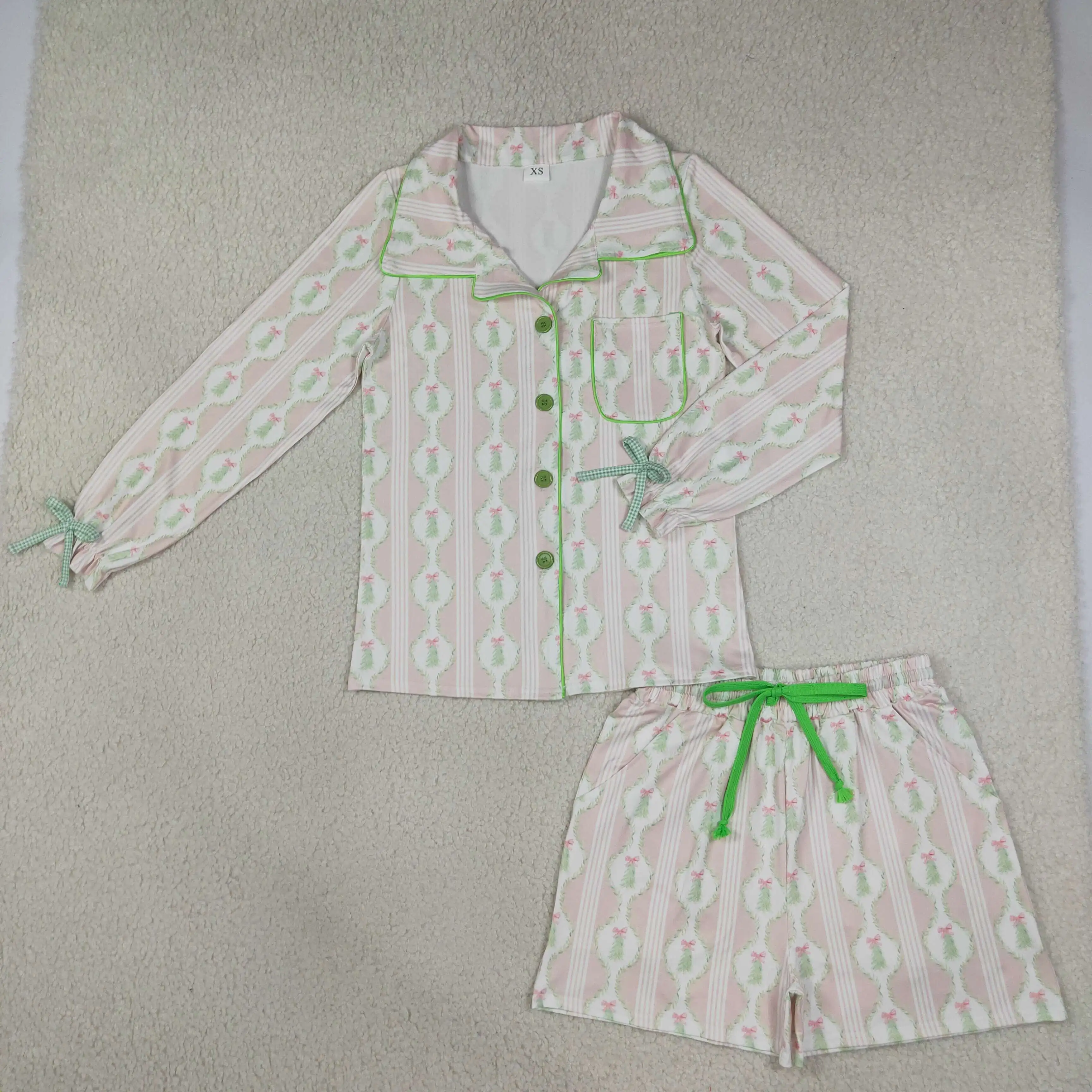 Wholesale Adult Long Sleeves Women Woman Girl Tree Bows Set Buttons Shirt Pockets Shorts Outfit Christmas Clothes