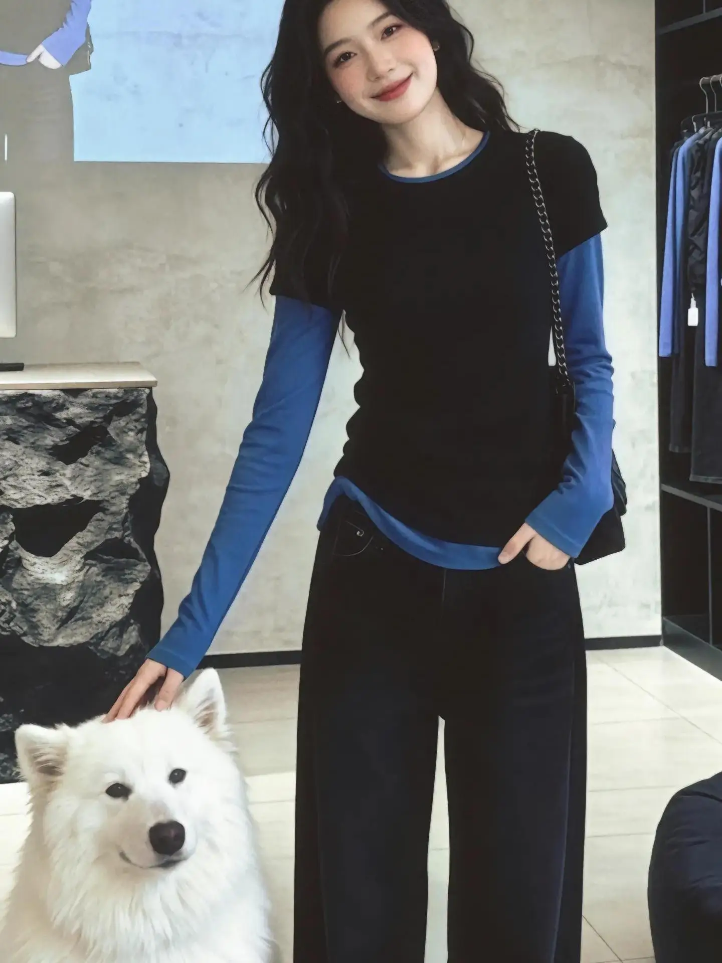 Casual Style Long Sleeve T-Shirt Women's Slim Fit Color Block Drawstring Top Fashionable Spring Autumn Black Blue Splice