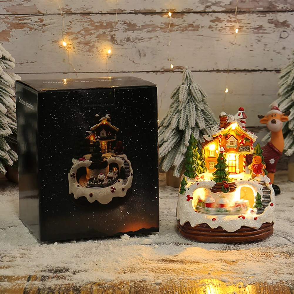 Christmas Music Box Snow Scene Ornament 6.3inch Illuminated Music Resin House Ornament Gift for Kids for Bookshelf Restaurant