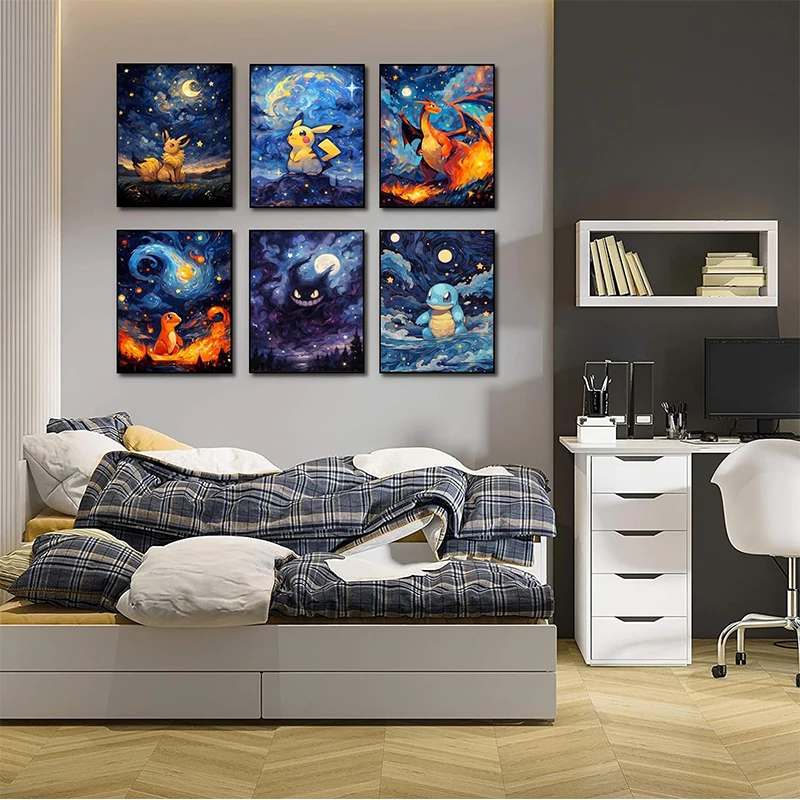 Pokemon Anime Canvas PaintingCharizard Pikachu Gengar Eevee Squirtle Poster Print Mural Picture Wall Art Home Decor Gift Cuadros