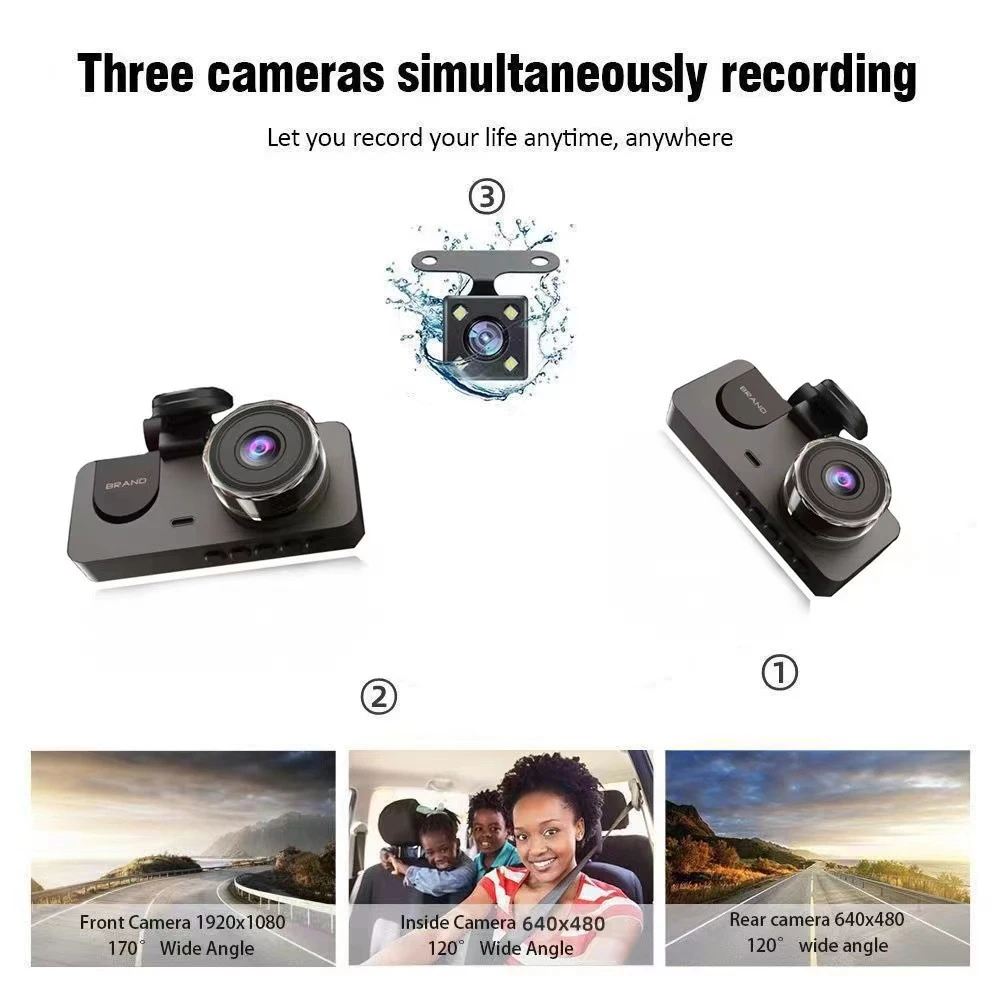 3 Camera Lens Car DVR 3 Channel Dash Cam HD Front and Inside Carbin Dash Camera Dual Lens Dashcam Video Recorder Black Box