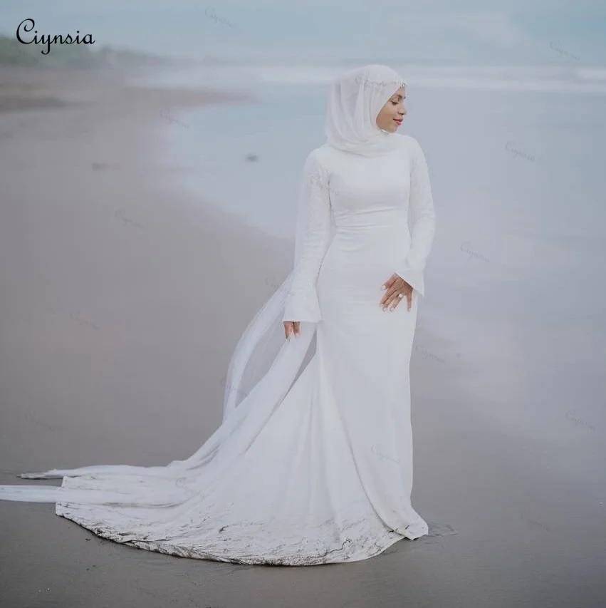 Ciynsia Customized Muslim Wedding Dress Bride Long Sleeves Hijab Bridal Gowns Mermaid with Veils Robe De Mariée 2026 New