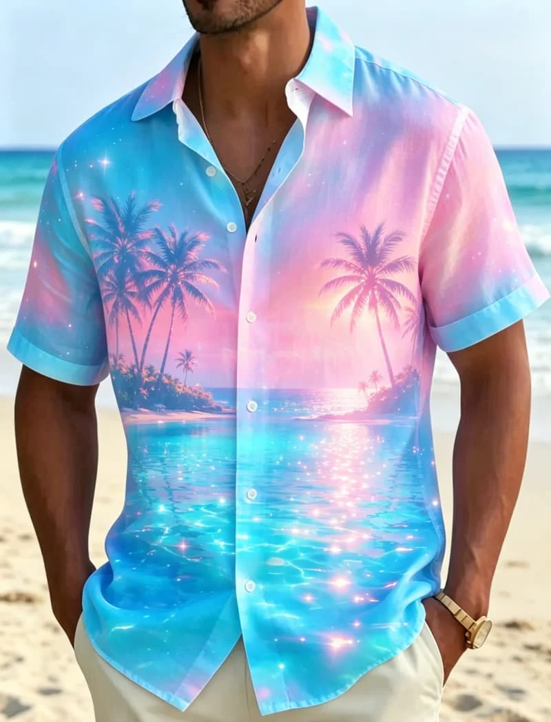 Men's Tropical Neon Landscape Printed Short Sleeved shirt, Natural And Distinctive style, For Summer Parties And Daily Styles
