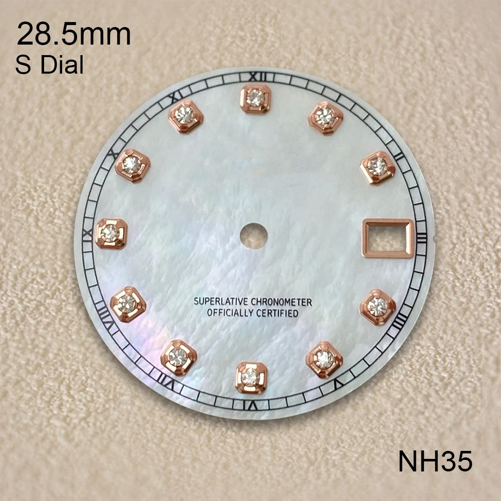 Mostrador de concha de diamante com logotipo s, 28.5mm, adequado para nh35/nh36/4r/7s, movimento japonês, acessórios de modificação de relógio de alta qualidade