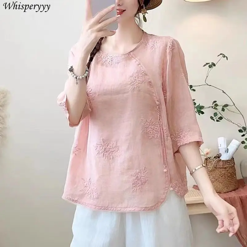 

Винтажная китайская рубашка, женская свободная вышитая пуловер с рукавами с бахромой, женские летние новые повседневные топы с круглым вырезом, Hanfu Chino Mujer