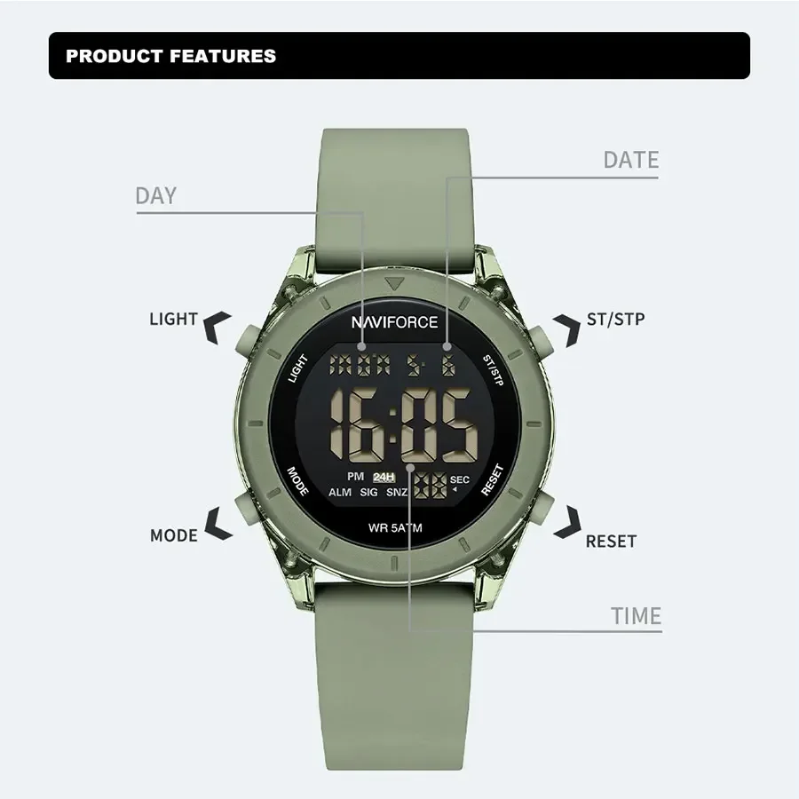 NAVIFORCE NF7108 Lady Digital Sports Luminous Multifunction Waterproof Chrono Wristwatch Outdoor Girls Fashion Watch