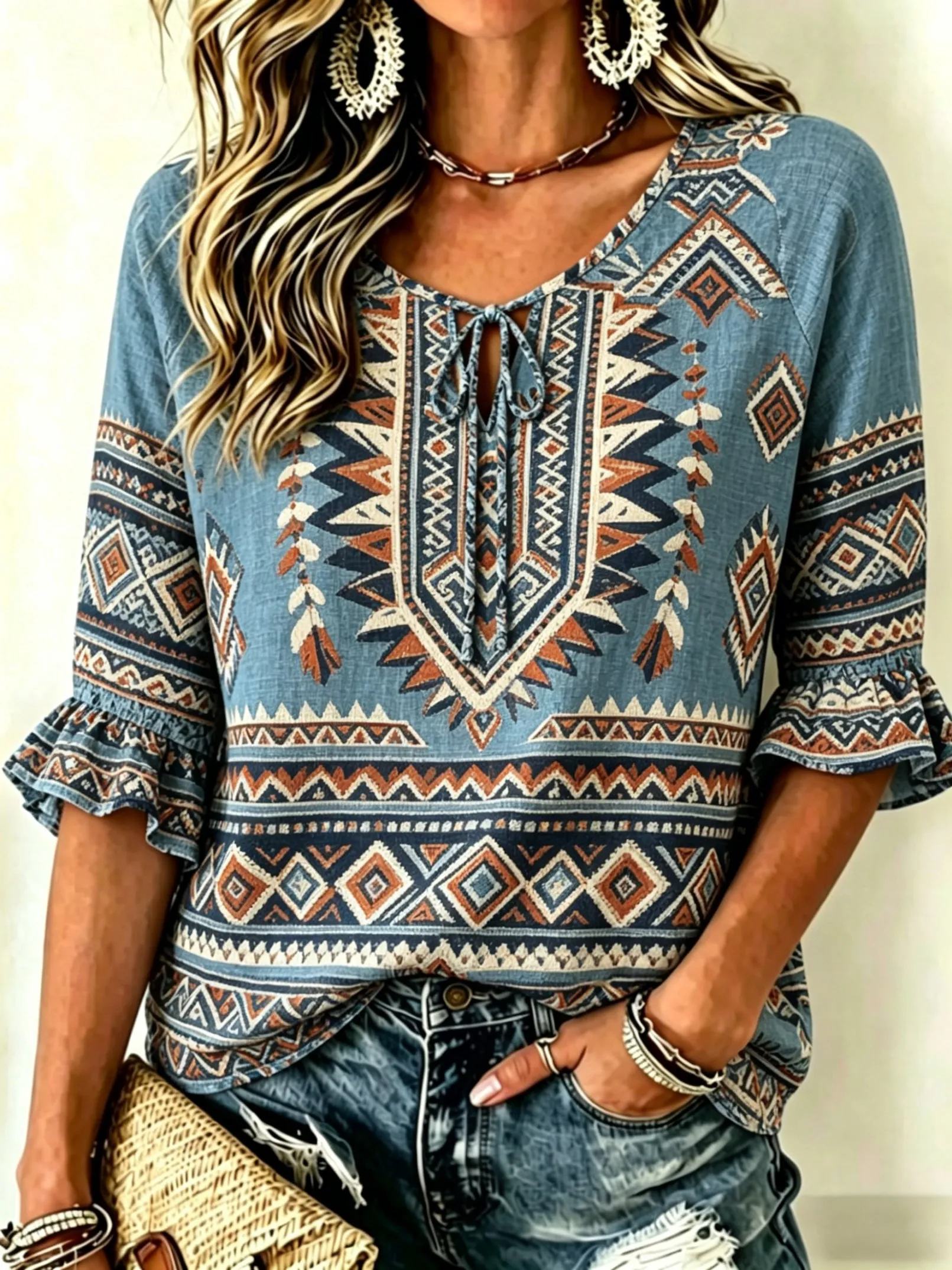 Women's Tie Keyhole Neck Blouse, Blue Ethnic Aztec Geometric Feather Striped Print, for Spring Summer Daily Holiday Outfits
