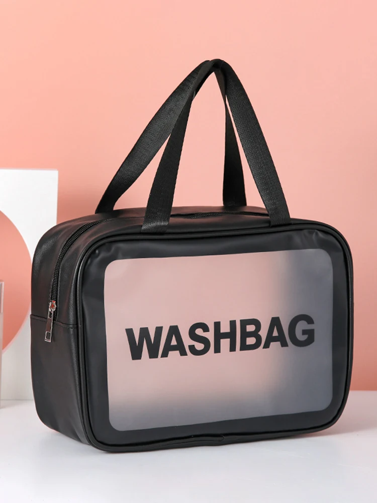 1pc Pu Transparent Three Piece Makeup And Toiletries Bag, Large Capacity Pvc Semi Transparent Frosted Portable Storage Bag