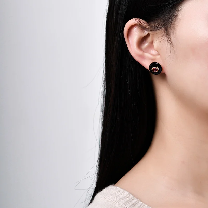 Black Agate Red Garnet 925 Sterling Silver Stud Earrings For Women 2023 New Simple Minimalism Gemstone Small Earrings Gift