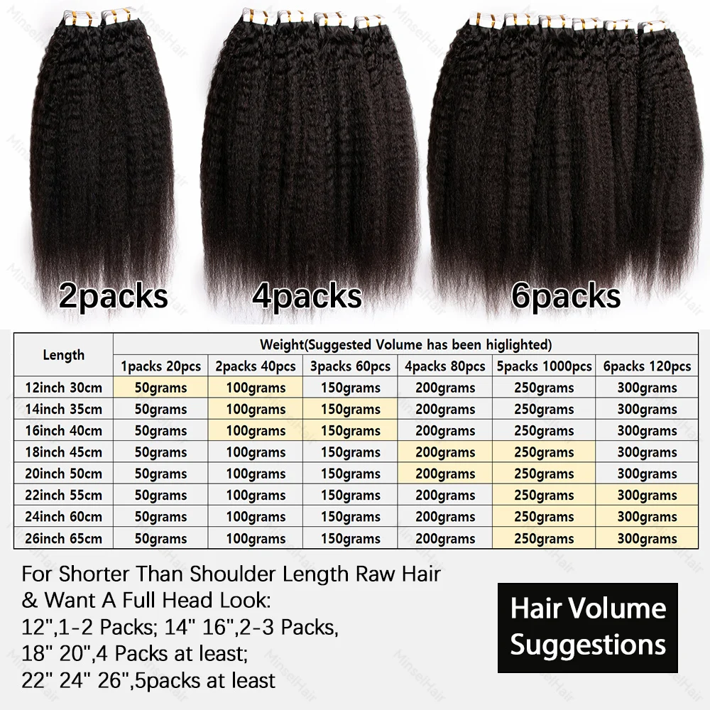 1B Kinky Straight Tape Ins 50G 12-26 pouces blanchi à # 27 Extensions de cheveux à bande Remy cheveux humains 1-6 paquets 50-300G