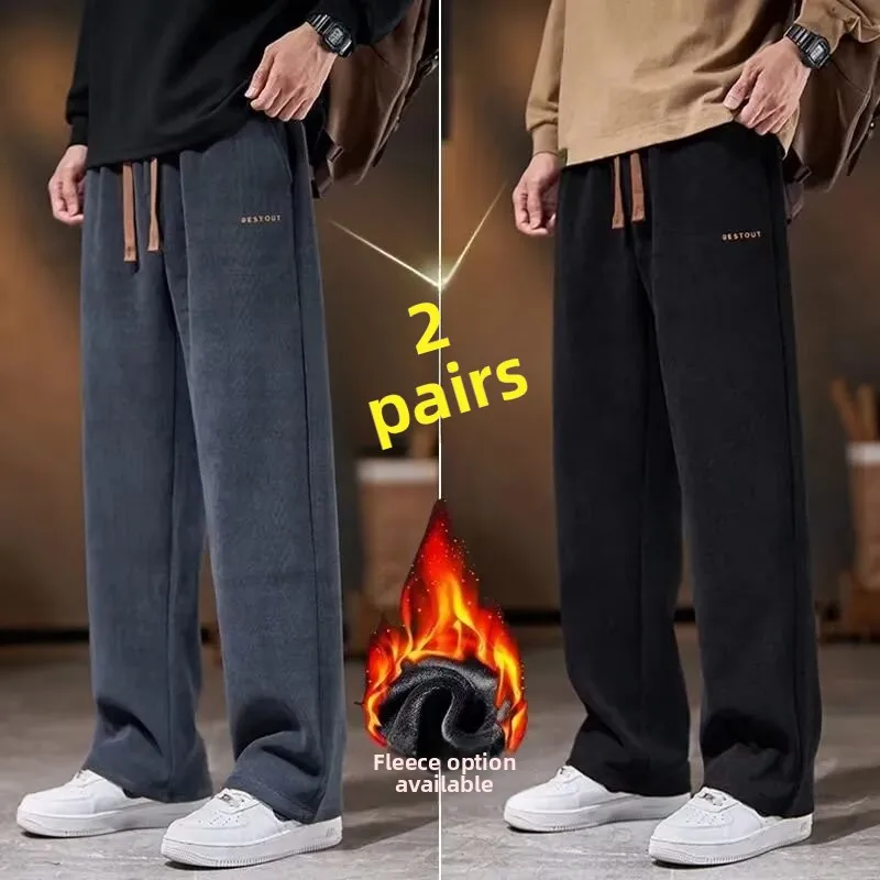 

Men's Autumn Winter Thiened Fce Lined Loose Straight Corduroy Pants Casual Trendy Youth Warm Sweatpants mid Low Waist