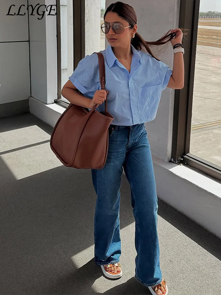 Camisa corta azul informal para mujer, blusas holgadas de media manga con solapa y una hilera de botones para mujer, Tops que combinan con todo para oficina de verano 2025