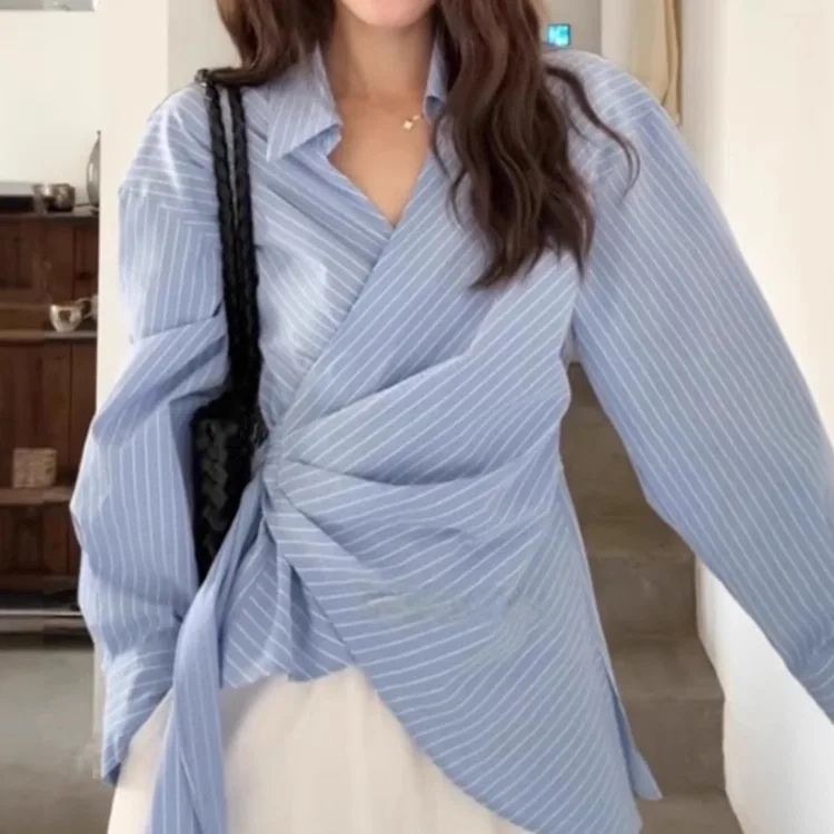 

Ele Blue irt женский модный шикарный топ в полоску с застежкой на талии и крестообразным дизайном для поездок на работу, осенний сезон, полиэфирное волокно