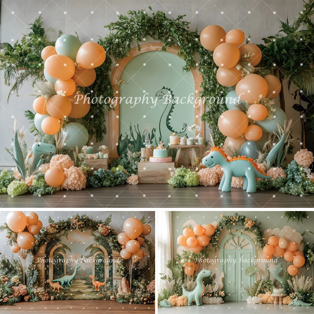 Cartoon dinosaurus achtergrond schattige dinosaurus tropische jungle kinderen verjaardag baby shower partij ballon decor fotografie achtergrond