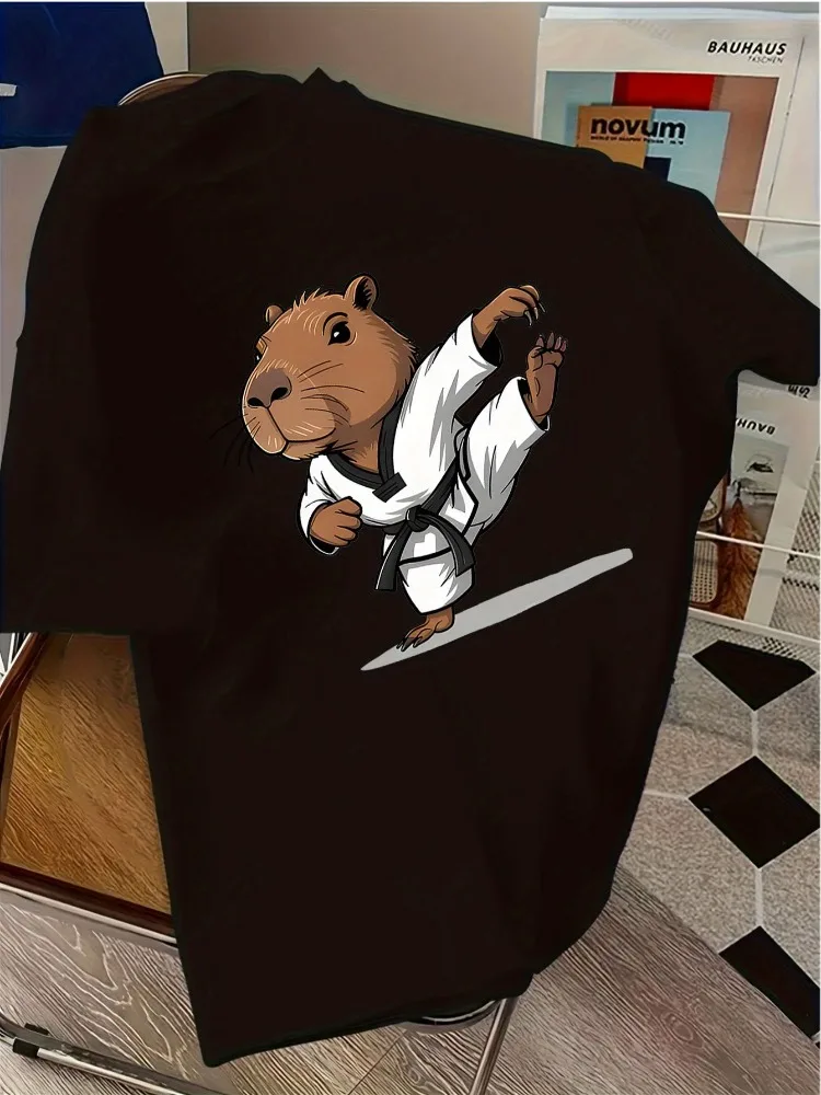 Soft Pink Mens Crew Neck T Shirt Taekwondo Capybara Black Belt Cartoon Print Loose Cotton Short Sleeve Sport Casual Daily Tops