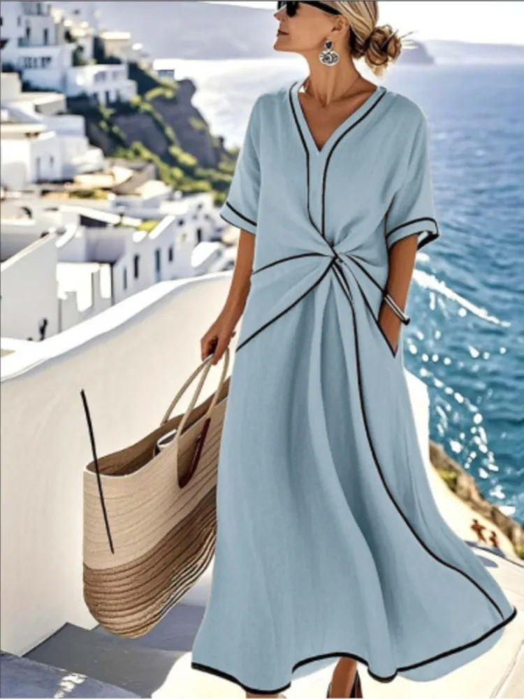 Woman Striped Print Folds Maxi Dresses 2025 Spring Summer Casual V Neck Short Sleeve Vacation Beach Long Dress Boho Loose Dress - Image 2