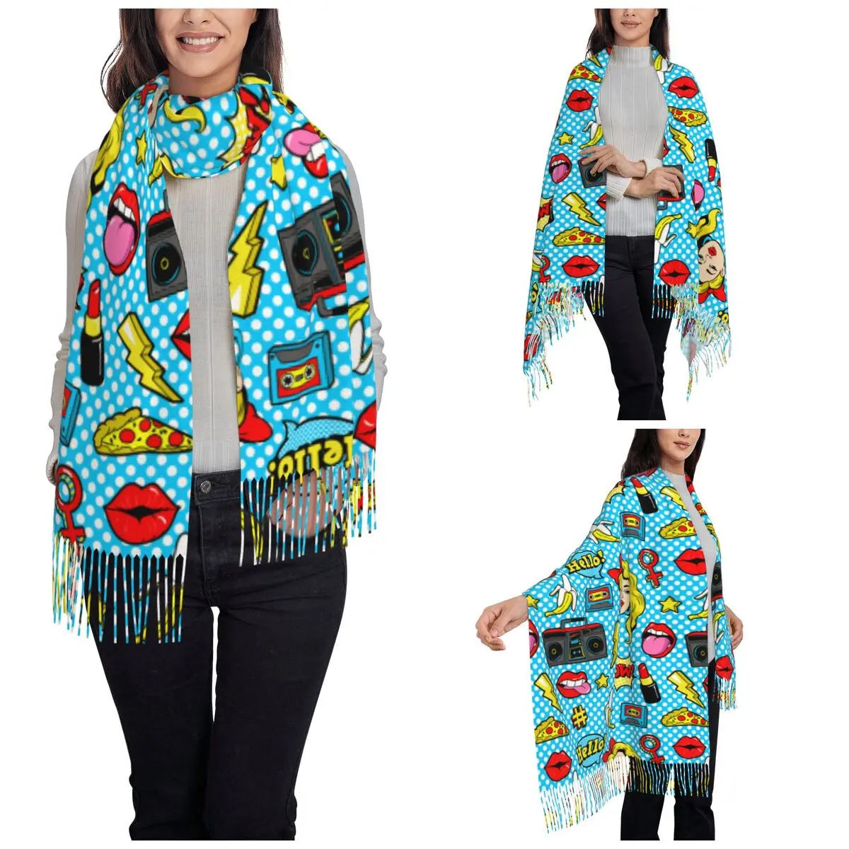 Pop Art Cartoon Comic Style Scarf for Women Fall Winter Pashmina Shawl Wrap Beauty Lips Long Large Scarves with Tassel