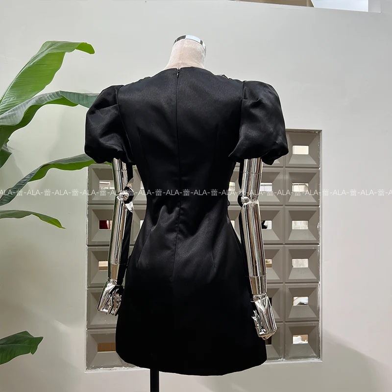 French Elegant Socialite Party Dresses V-Neck Bubble Sleeve 3D Handmade Flower High Waist A-line Temperament Short Dress Women