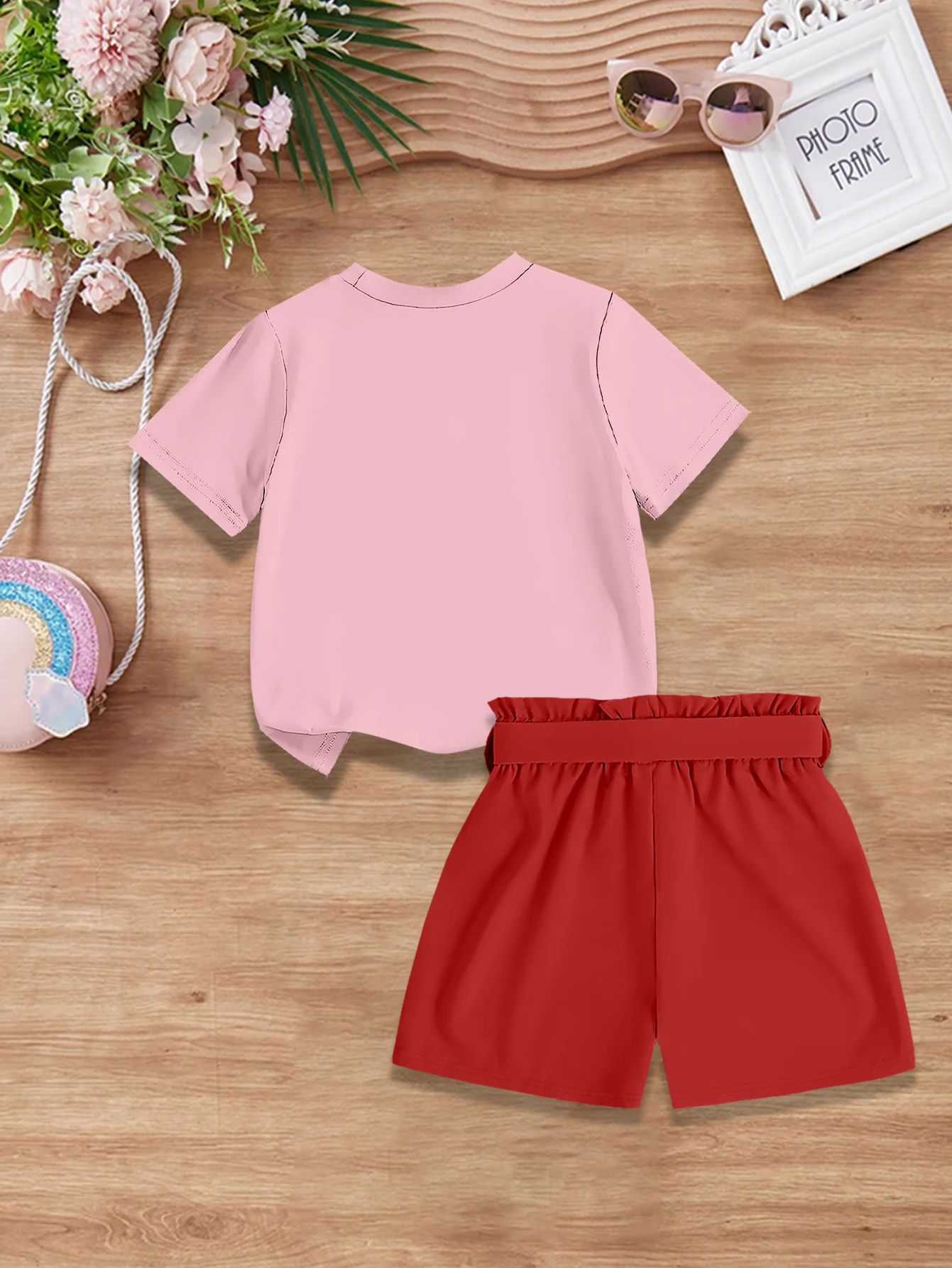 2 pieces: Summer Girls Sweet Cute Outfit Cartoon Strawberry Cherry Print T-shirt + Woven Bow Shorts