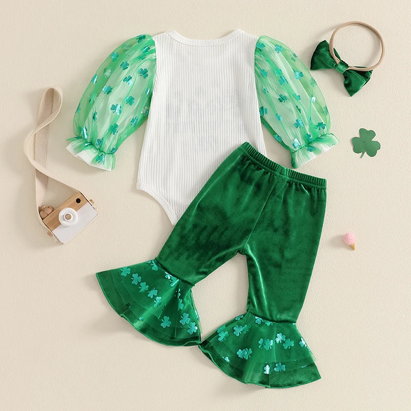 

St Patrick s Day Toddler Girls Green Clover Print Ruffle Sleeve Romper and Flared Pants Set with Matching Headband