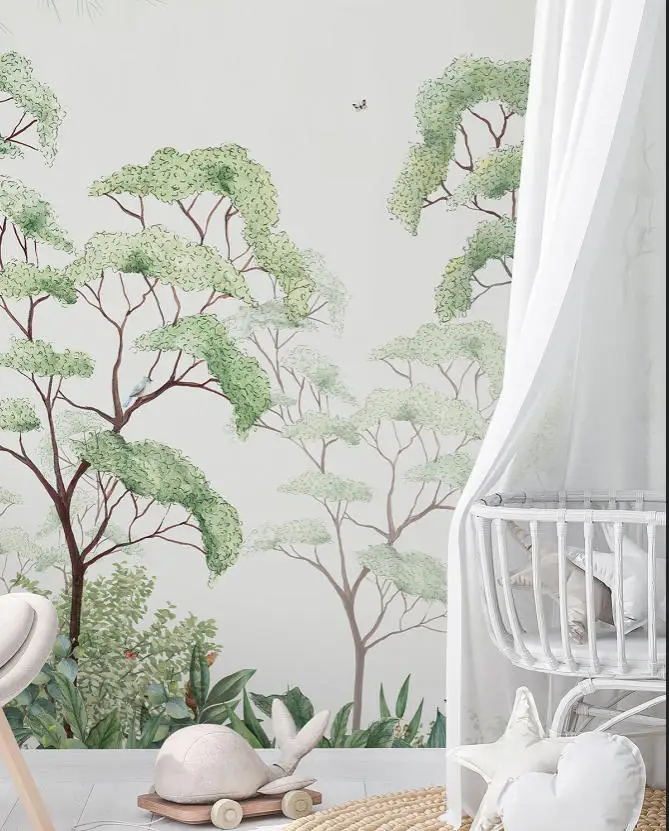 Customized Size Wallpaper Nordic Art Green Forest Plant Landscape Mural Forest Tree Wallpaper Home Decoration Wall Stickers