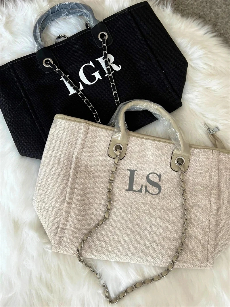 Custom Chain Monogram Canvas Tote Bag | Personalised Shoulder Bag | Ladies Handbag | Birthday Gift | Bride Bridesmaids | Gifts