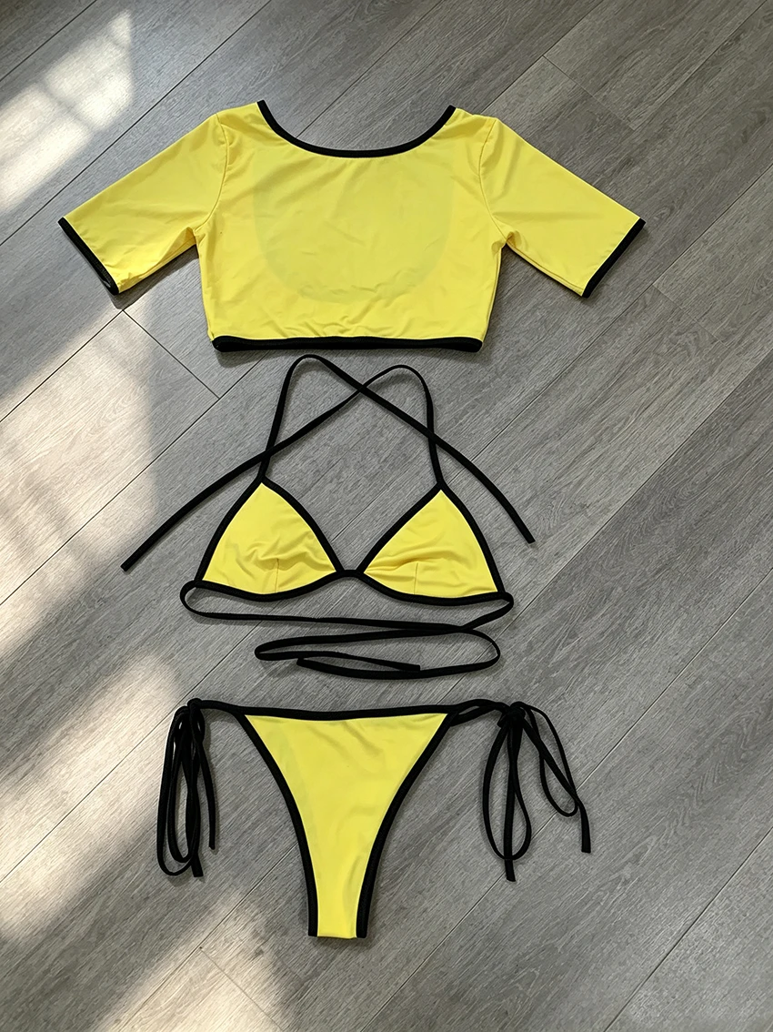 Y2K Gelb-Schwarz Verzierter 3-Teiliger Badeanzug, Neckholder-Bikini, Kurzarm-Crop-Top, Unterteil mit Bindeband, Sommer-Strandparty-Badeanzug für Damen – Detail 3