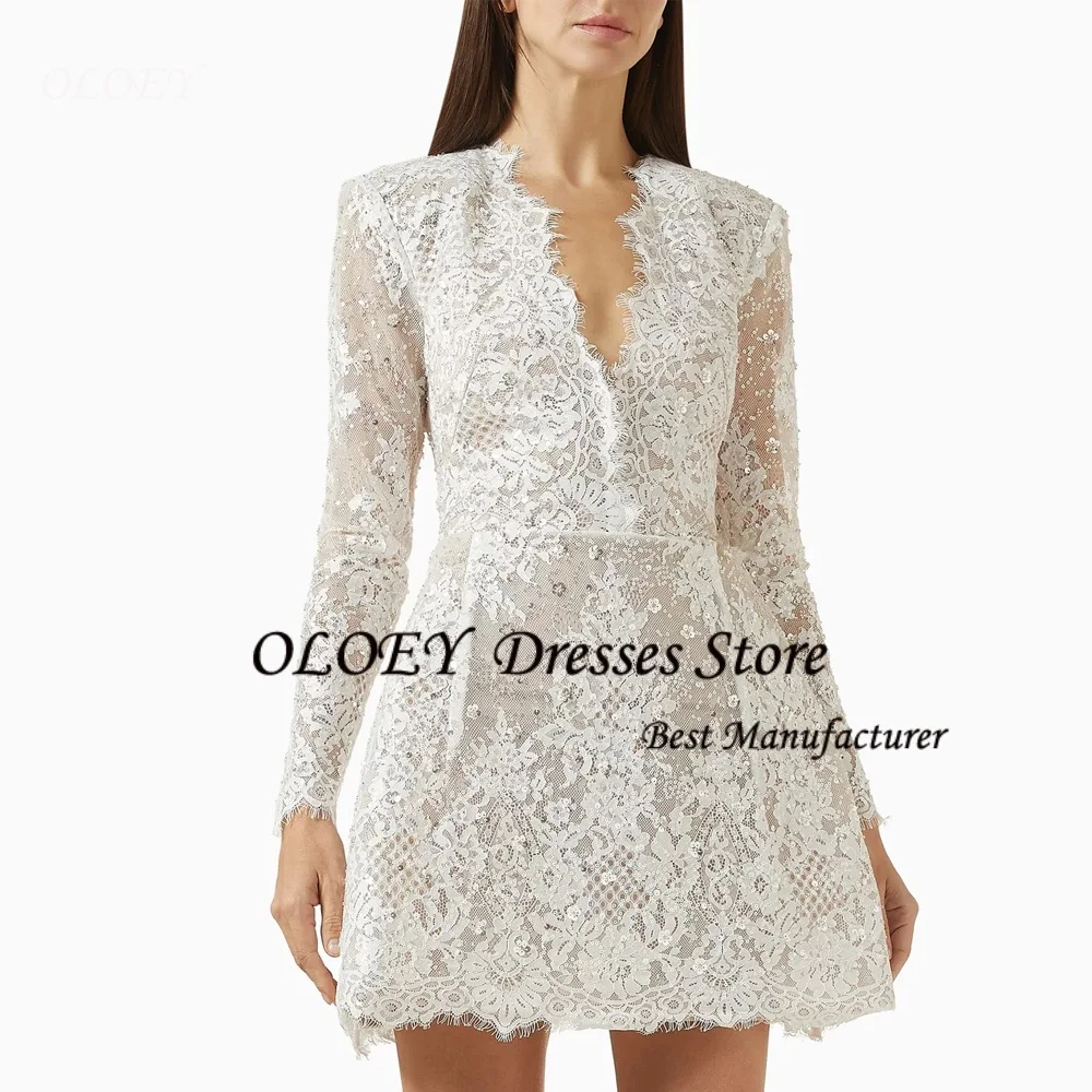 

OLOEY Luxury Lace Deep V Neck Customized Short A Line Wedding Dress Buttons Tiered Flare Sleeves Formal Bridal Gown vestidos de