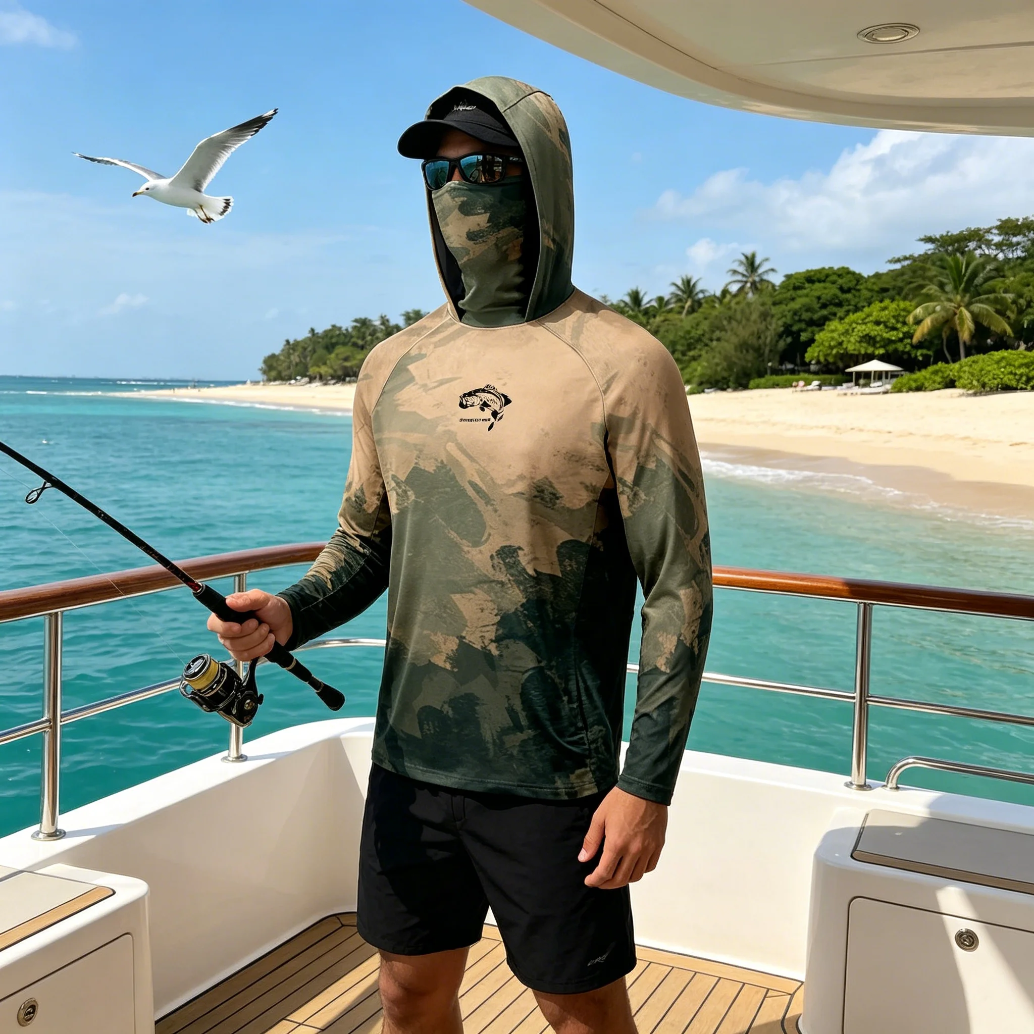 

UPF50+ Fishing Shirts Camo Print Long Sleeve Quick Dry Breathable Fishing Hoodies Face Cover Hooded Outdoor Sports Fishing Tops