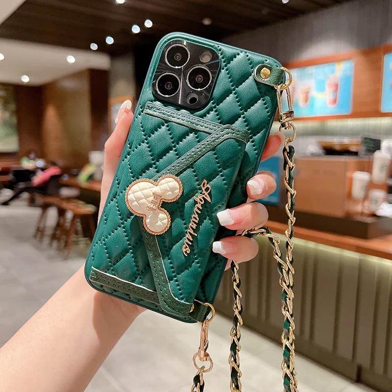 Luxury Rhombic Pattern Card Bag Lanyard Phone Cover Case For Iphone 16 15 14 13 12 11 Pro Xs Max X Xr PU Leather Coque Fundas