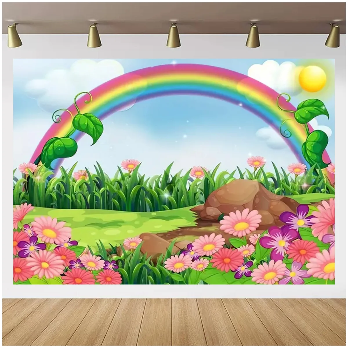 Fairy Tale Castle Forest Rainbow Spring Flowers Photography Background Children\'s Birthday Party Decor Stage Play Performance