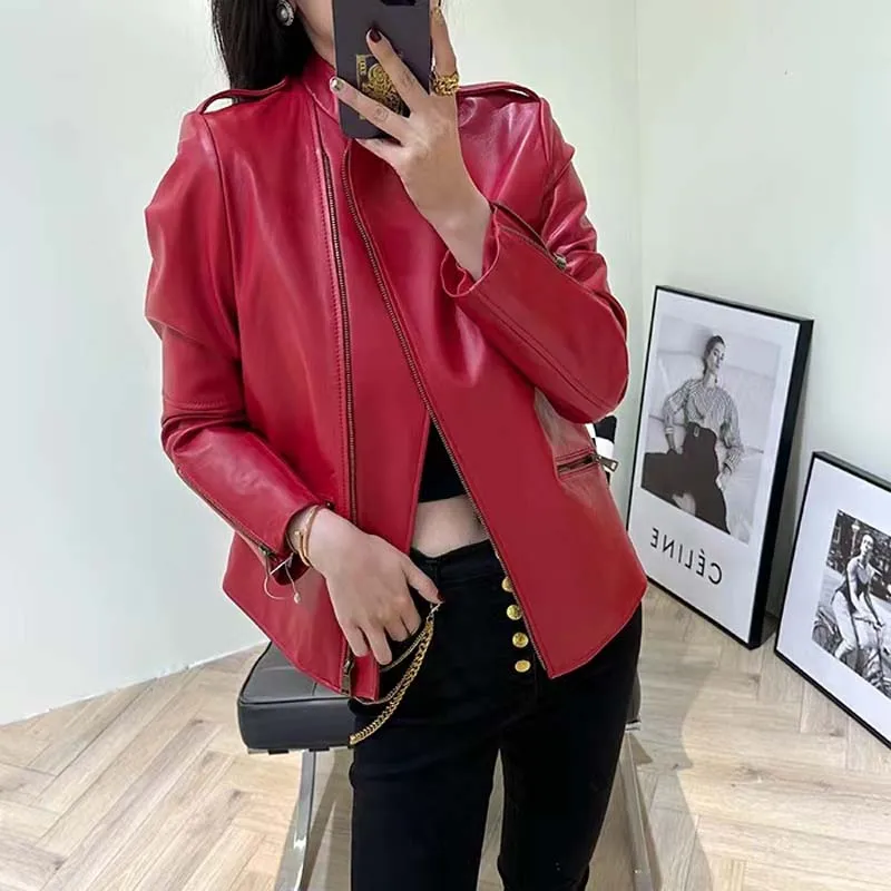 

2023Women Spring Autumn Real Sheepskin Natural Leather Coat Female Long Sleeves Stand Collar Zipper Warm Outer Wear.