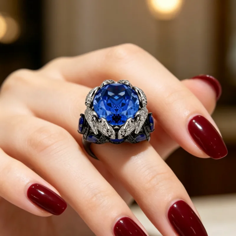 Bellux 925 Silver Synthetic Zircon Ring Dolphin Surrounding Ocean Large Carat Sapphire Luxury Rings