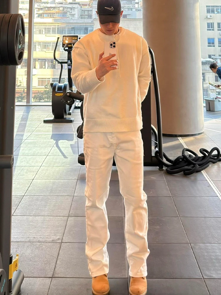 

Pure White Straight Leg Men's Jeans Cleanfit High Street Slimming Trendy Micro Flared Pants Cotton Polyester Spandex Blend