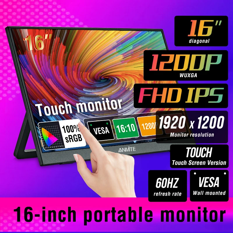 

Портативный сенсорный монитор Anmite 14/16 дюймов 1200P HDR 16:10 с низким синим светом для XBox PS4/5 Switch, удлинение сотового телефона, ПК, ноутбука