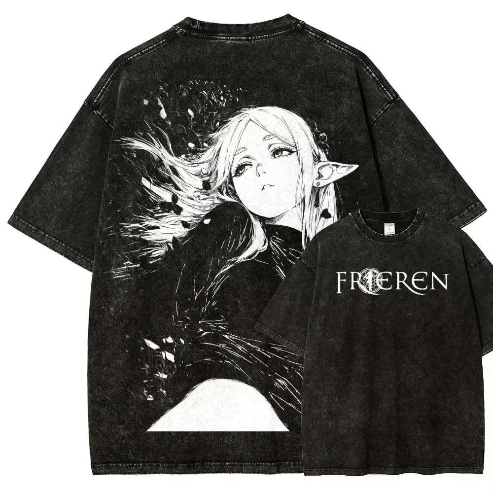 Frieren Beyond Journey's End Elf Mage Washed T-shirt Anime Harajuku Streetwear Oversized Tee Y2K Retro Tops
