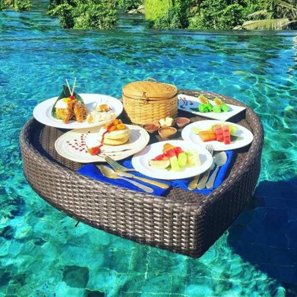 

Brown Rattan Breakfast Pool Float Tray, 80x80cm, Ideal for Adults, Serving Trays, and Pool Parties