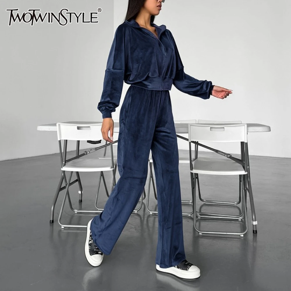 

TWOTWINSTYLE однотонные повседневные комплекты из двух предметов на молнии для женщин, куртка с длинными рукавами и лацканами, лоскутный комплект брюк со складками, женский комплект