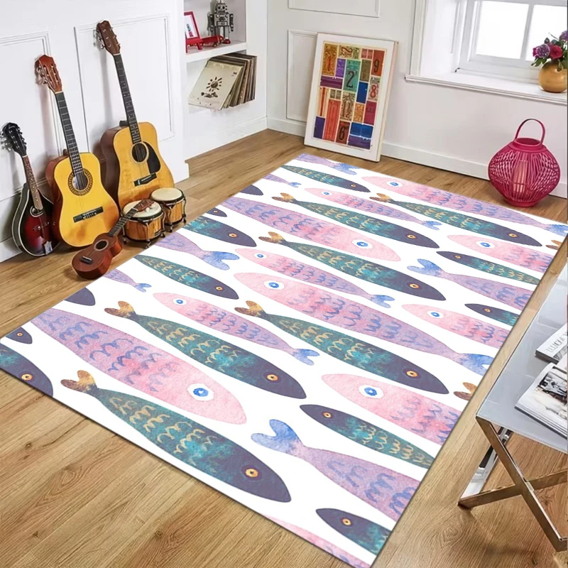 Marine Life Fish & Jellyfish Print Area Rug Non Slip Soft Washable Floor Carpet Mat for Living Room Bedroom Coastal Decor