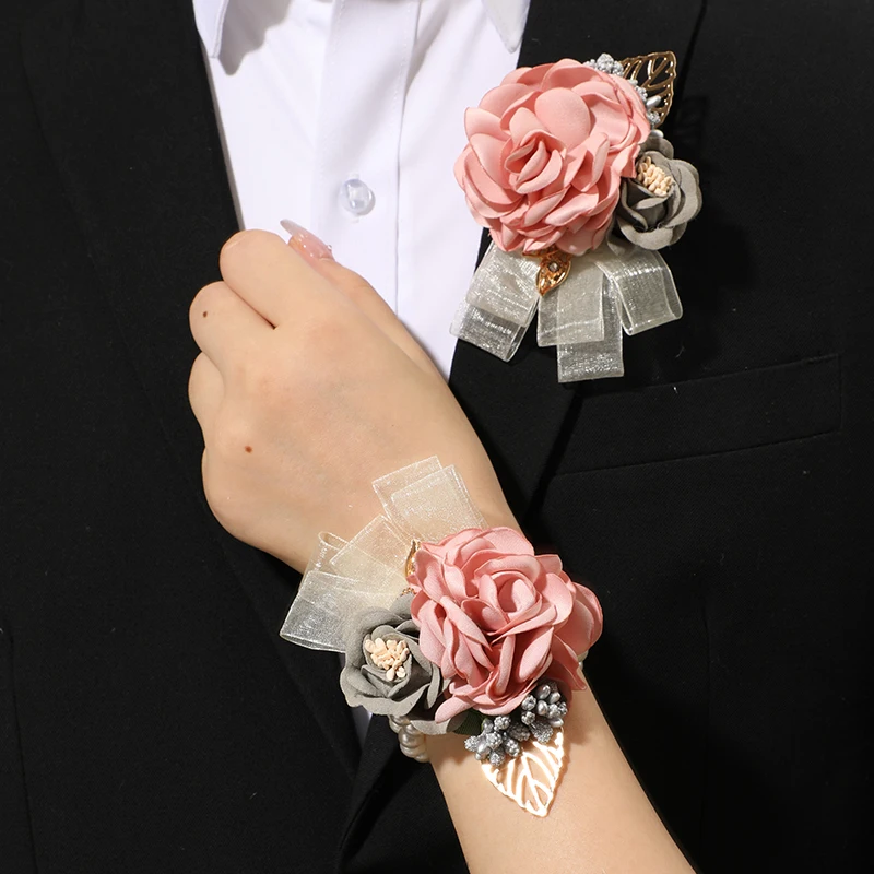 Cetim Rosa Casamento Pulso Corsage E Boutonniere Set, Tecido De Flor, Festa De Chuveiro De Noiva, Aniversário, 1Pc