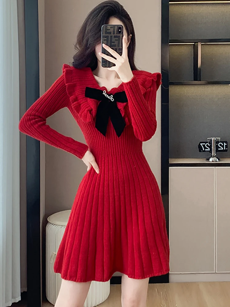 Women Red Knitted Chic Ruffled Bow Doll Collar Short Dress Autumn Winter Elegant Kawaii Sweater Dress 2024 Korean Vintage Dress