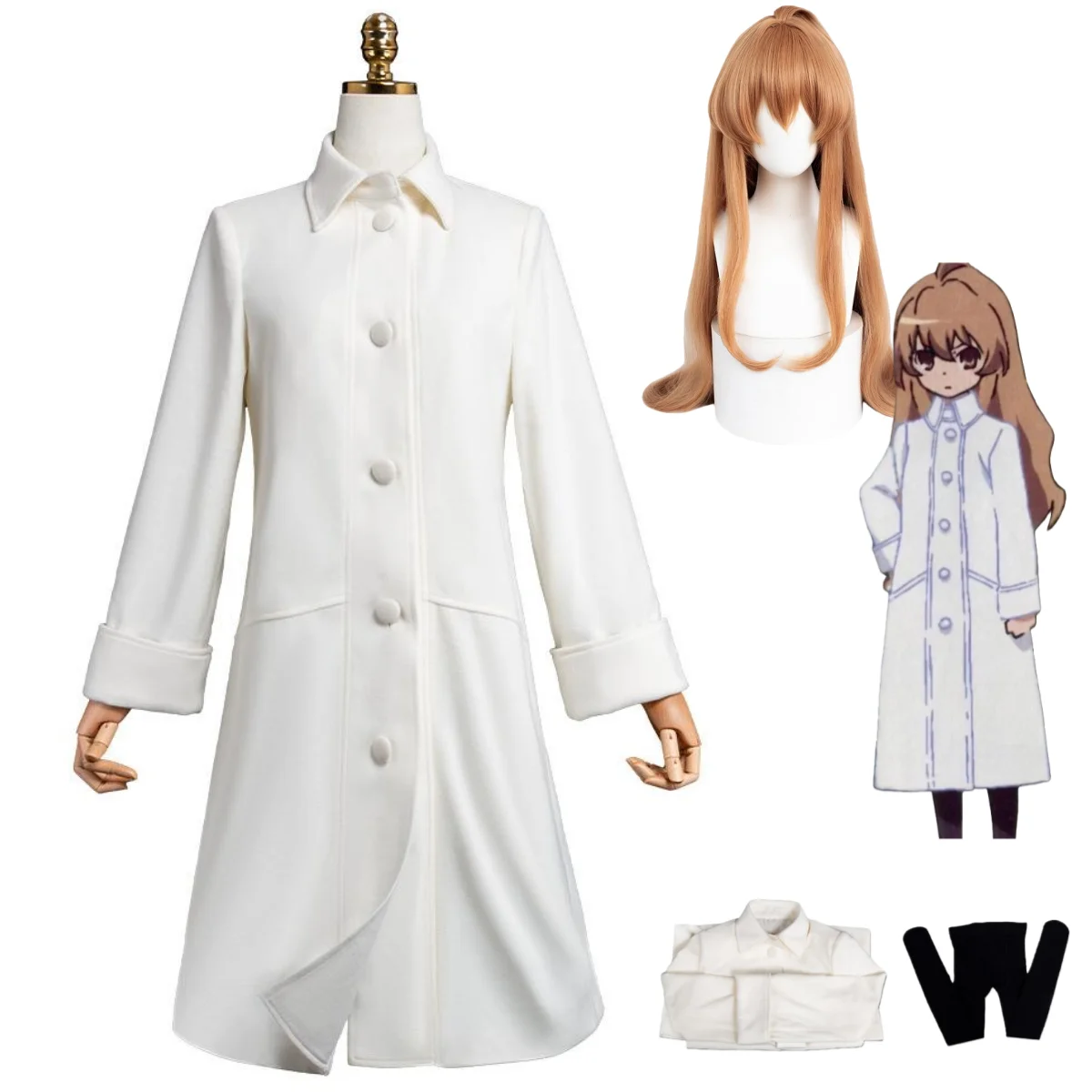 

Anime TIGER×DRAGON！Toradora Aisaka Taiga Cosplay Costume Winter Wool Overcoat Long Coat Pantyhose Wig Woman Cute Christmas Suit