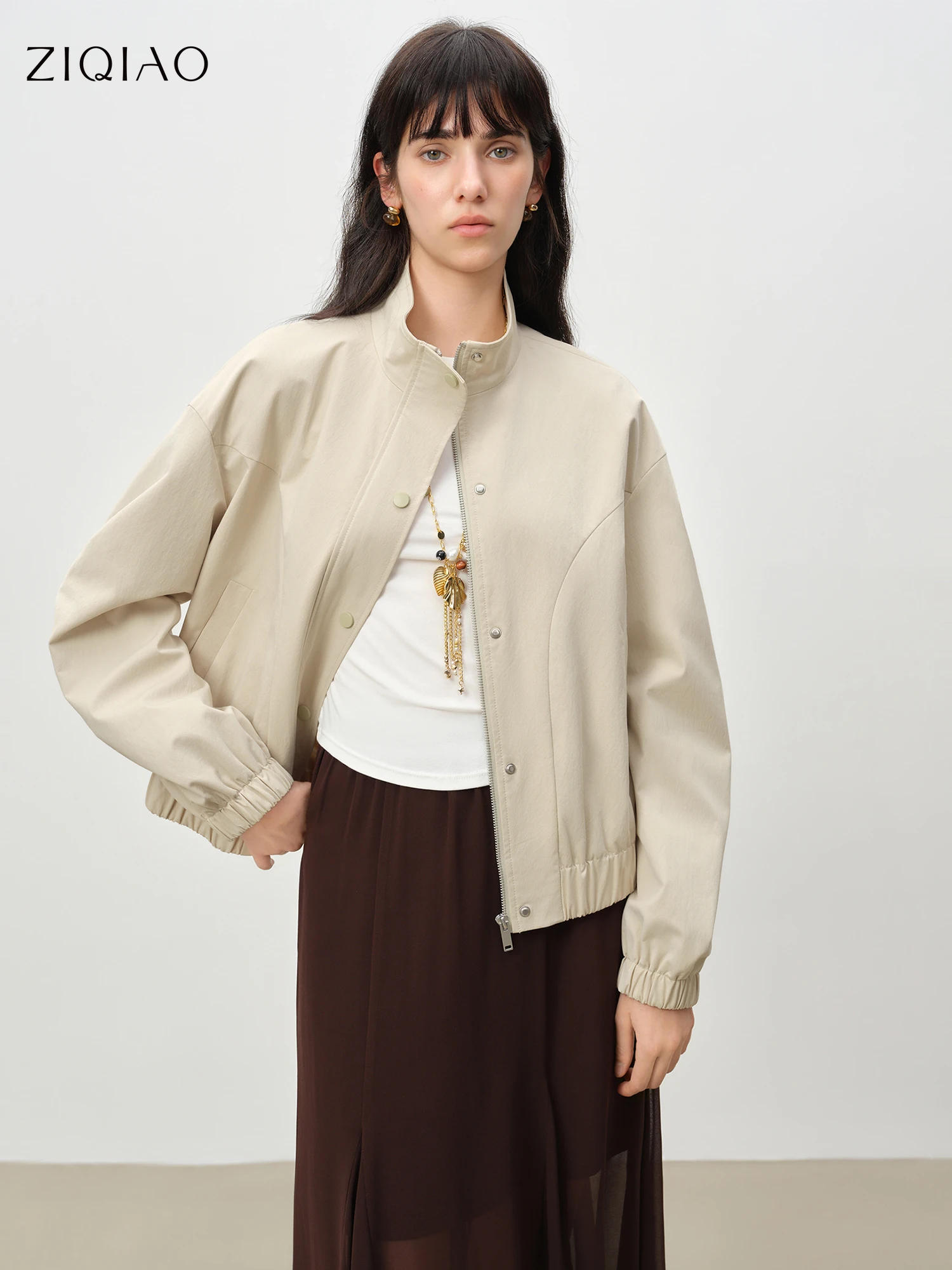 ZIQIAO 2026 Spring Women's Stand Collar Short Jacket with Arc Sleeve Design - 3D Structured Cropped Silhouette Casual Outerwear