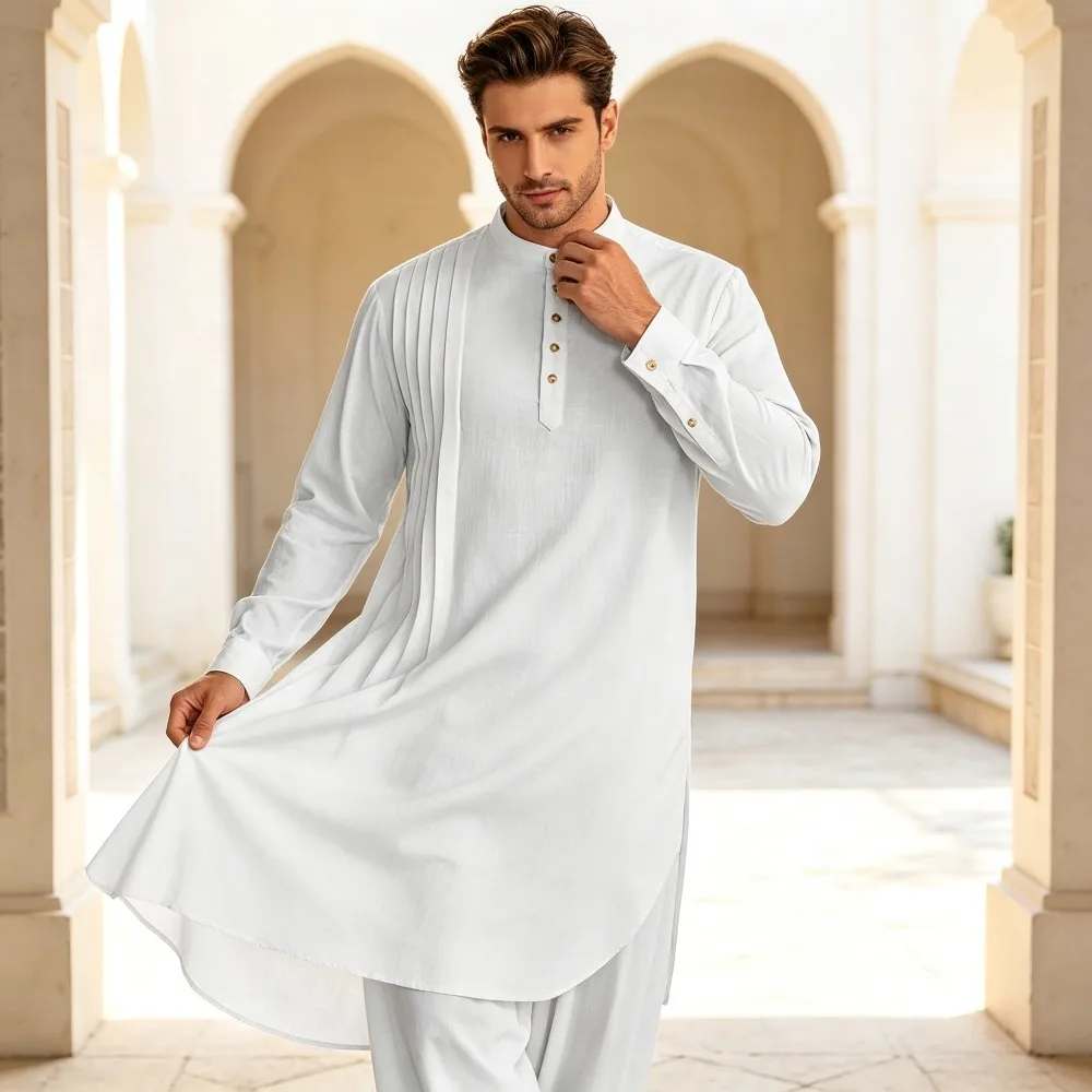Men Middle East Outfit, Long Sleeve Stand Collar Kurta Shirt, White Ethnic Robe Tops for Adults Over 14 Years Old